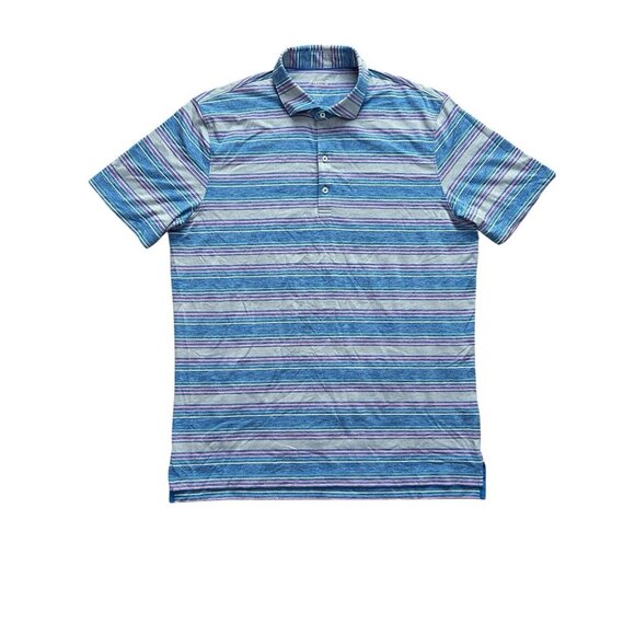 johnnie-O Polo Shirt Men Large Blue Striped Performance Stretch UPF50 Golf - Picture 1 of 10